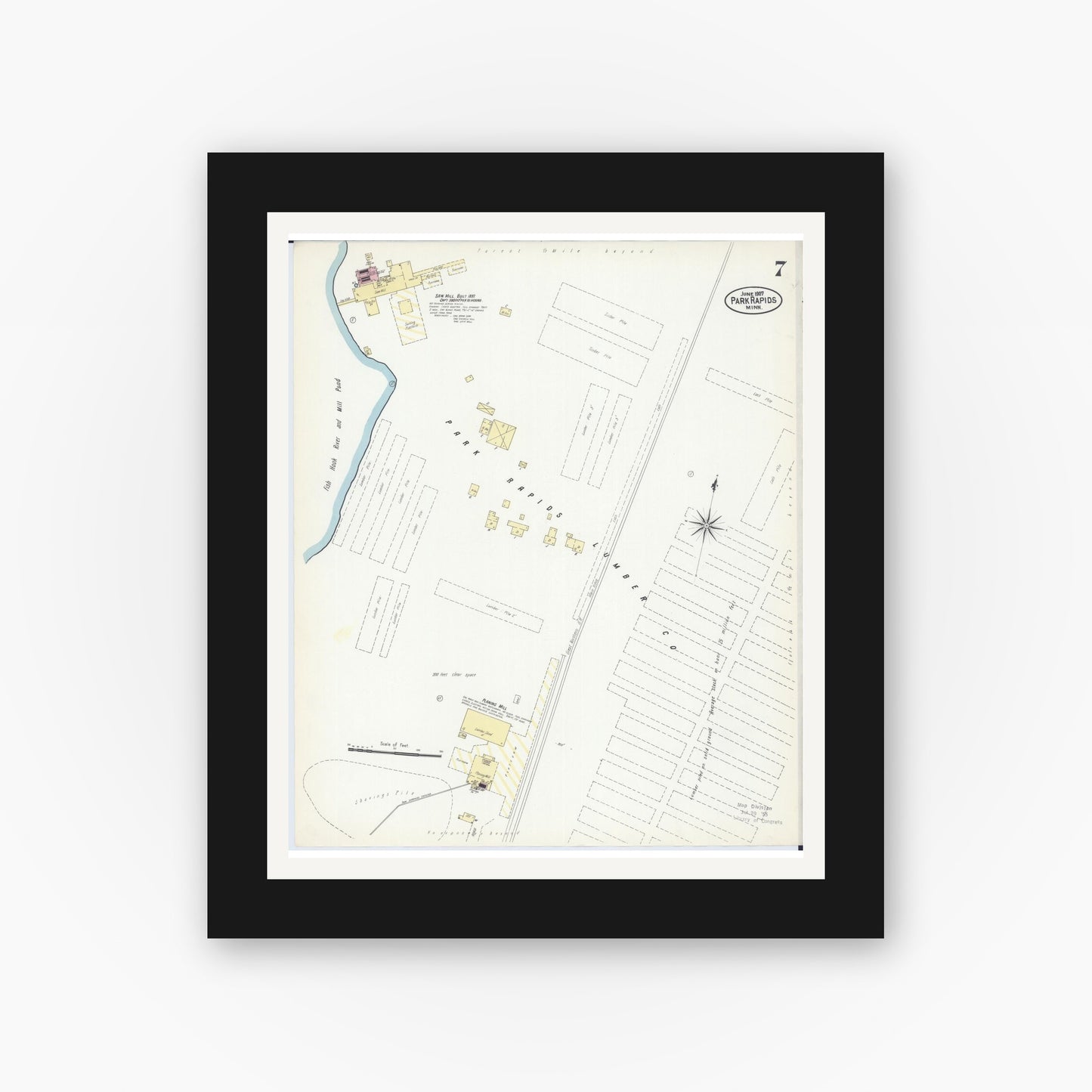 Old map wall art mockup — black gallery frame with white mat — Sanborn Fire Insurance Map from Park Rapids, Hubbard County, Minnesota (1907), Sheet #0007