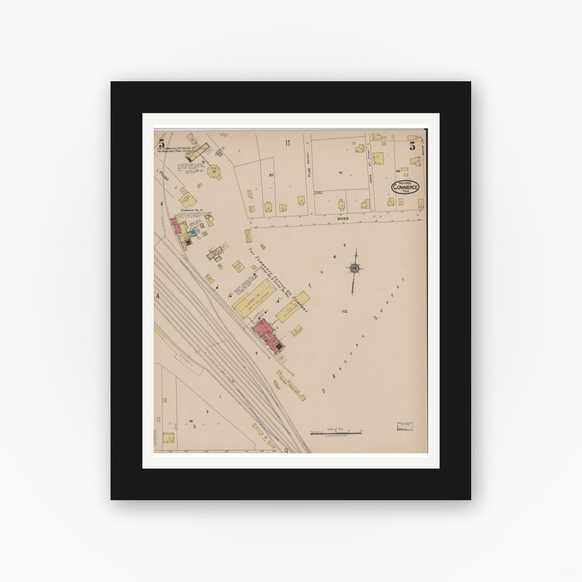 Old map wall art mockup — black gallery frame with white mat — Sanborn Fire Insurance Map from Commerce, Hunt County, Texas (1922), Sheet #0005