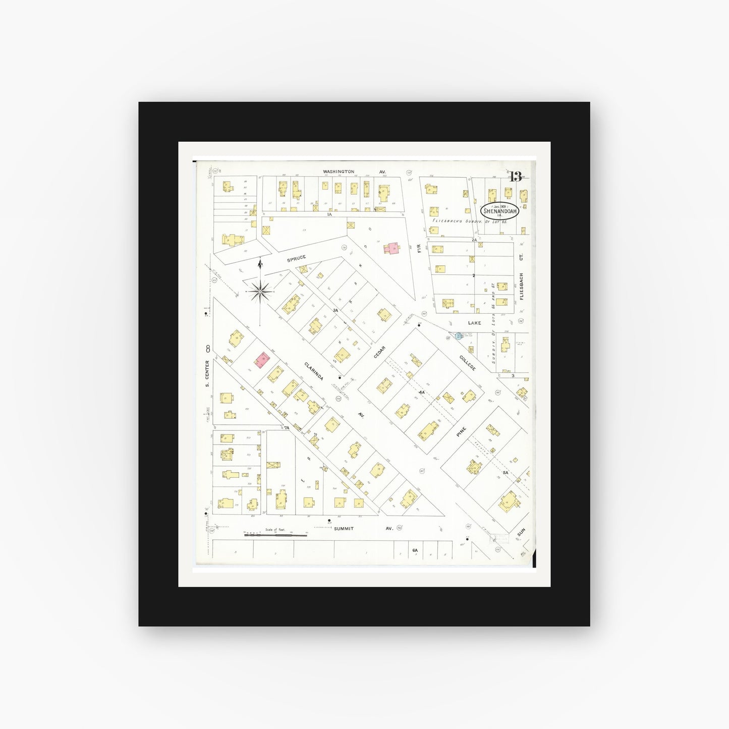 Old map wall art mockup — black gallery frame with white mat — Sanborn Fire Insurance Map from Shenandoah, Page County, Iowa (1909), Sheet #0013