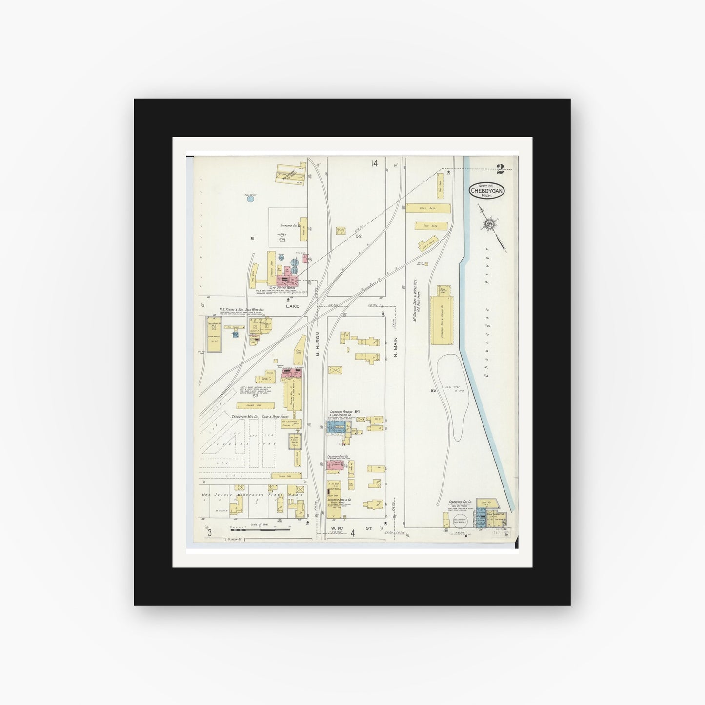 Old map wall art mockup — black gallery frame with white mat — Sanborn Fire Insurance Map from Cheboygan, Cheboygan County, Michigan (1915), Sheet #0002