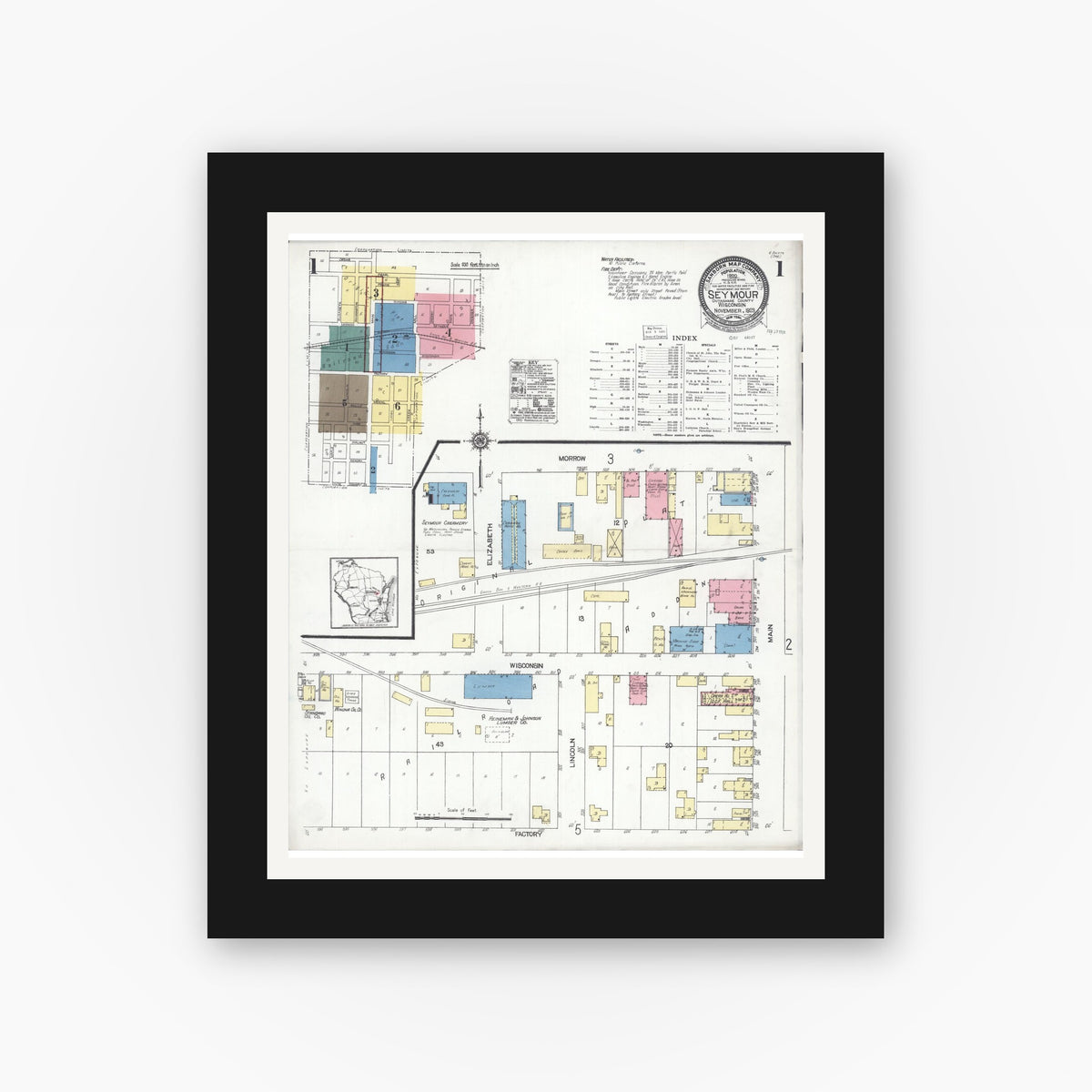 Old map wall art mockup — black gallery frame with white mat — Sanborn Fire Insurance Map from Seymour, Outagamie County, Wisconsin (1923), Sheet #0001