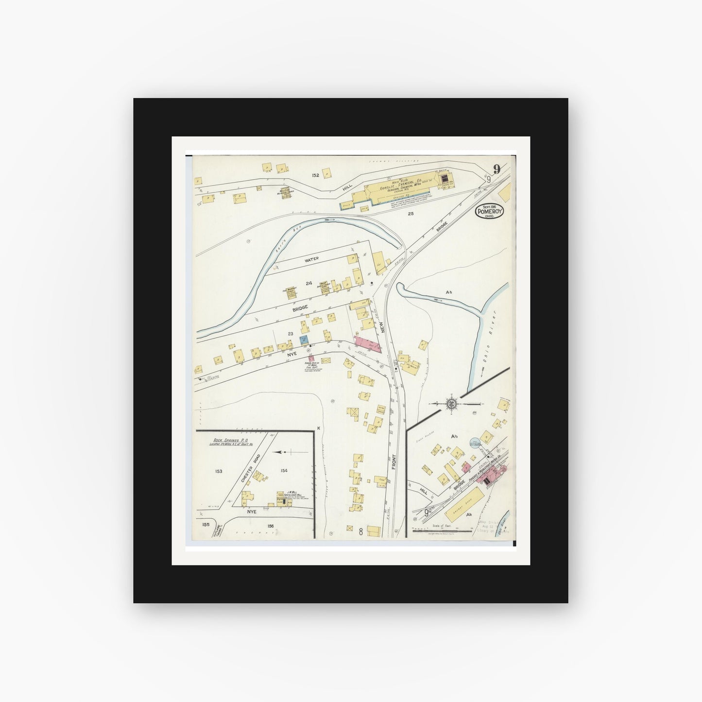 Old map wall art mockup — black gallery frame with white mat — Sanborn Fire Insurance Map from Pomeroy, Meigs County, Ohio (1916), Sheet #0009