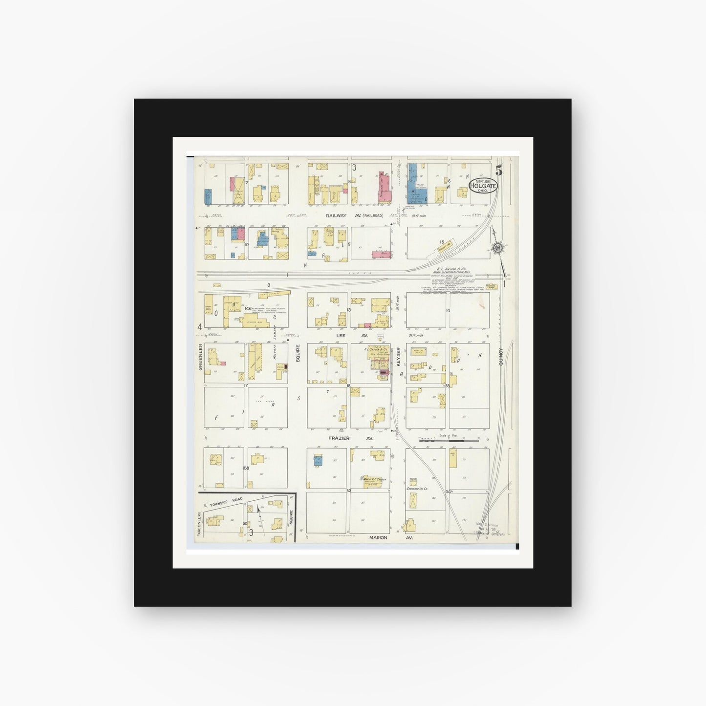 Old map wall art mockup — black gallery frame with white mat — Sanborn Fire Insurance Map from Holgate, Henry County, Ohio (1916), Sheet #0005