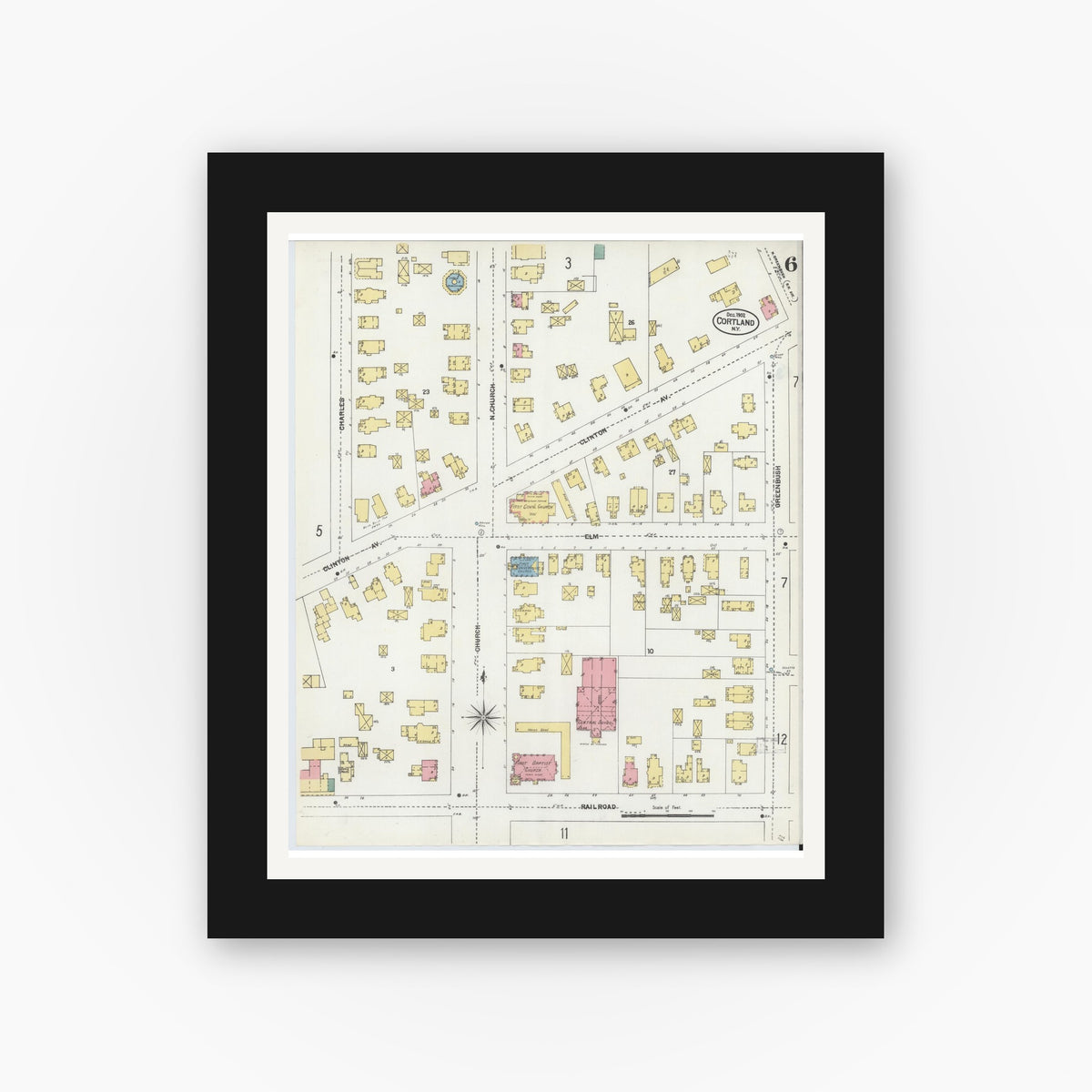 Old map wall art mockup — black gallery frame with white mat — Sanborn Fire Insurance Map from Cortland, Cortland County, New York (1902), Sheet #0006