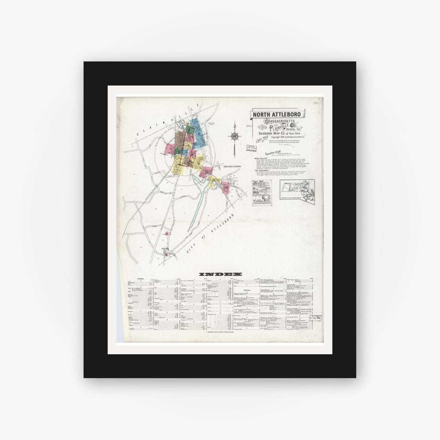 Old map wall art mockup — black gallery frame with white mat — Sanborn Fire Insurance Map from North Attleborough, Bristol County, Massachusetts (1924) - Complete Map Set