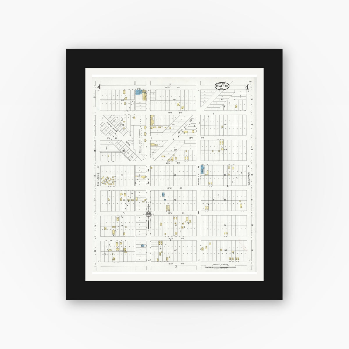 Old map wall art mockup — black gallery frame with white mat — Sanborn Fire Insurance Map from Hialeah, Dade County, Florida (1926), Sheet #0004