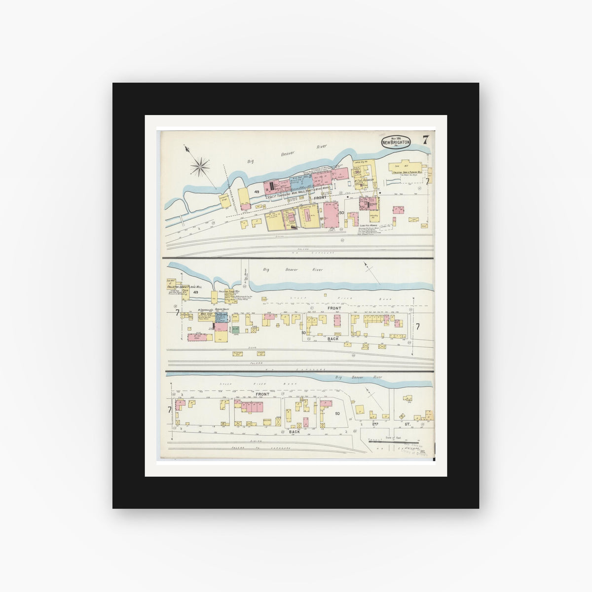 Old map wall art mockup — black gallery frame with white mat — Sanborn Fire Insurance Map from New Brighton, Beaver County, Pennsylvania (1896), Sheet #0007