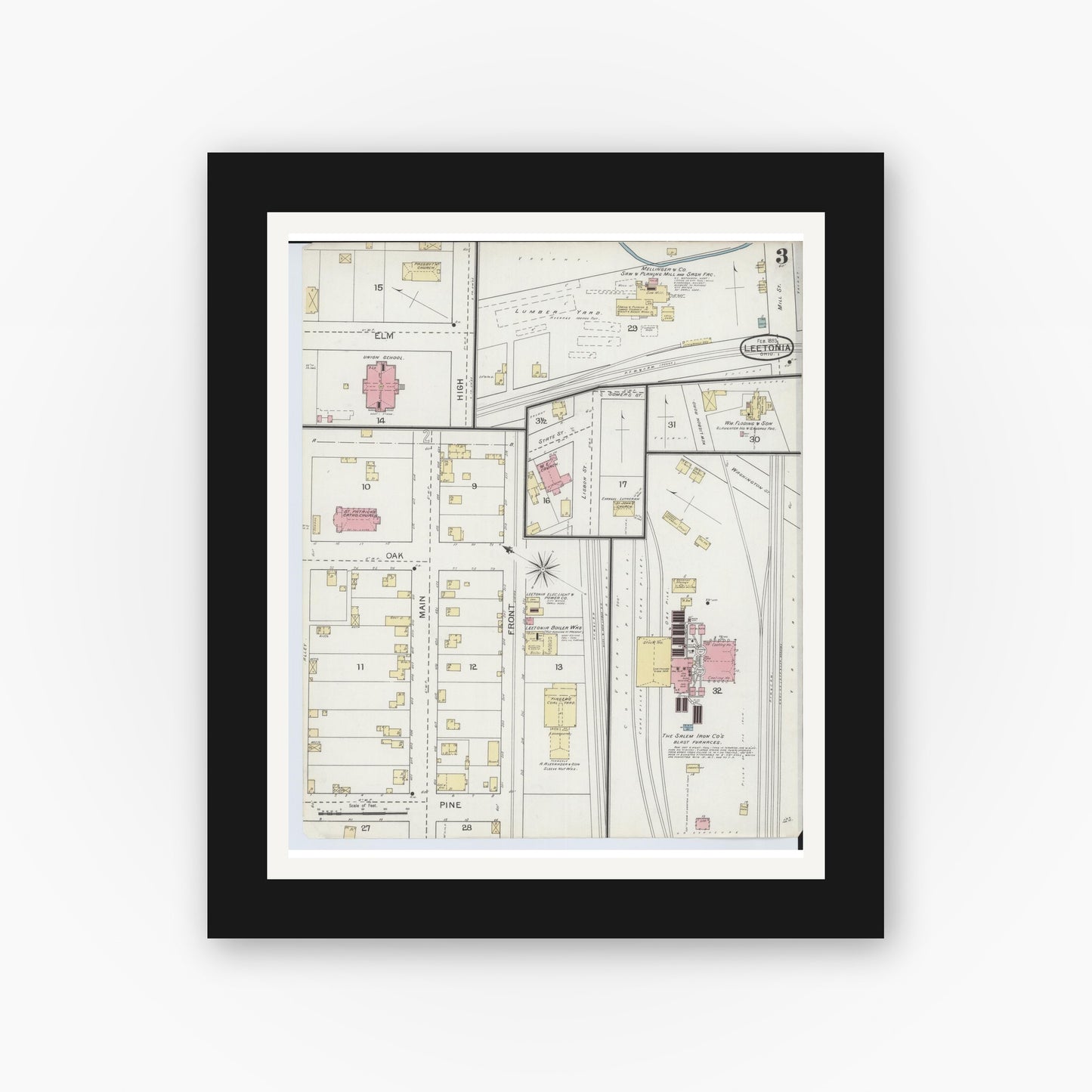 Old map wall art mockup — black gallery frame with white mat — Sanborn Fire Insurance Map from Leetonia, Columbiana County, Ohio (1893), Sheet #0003