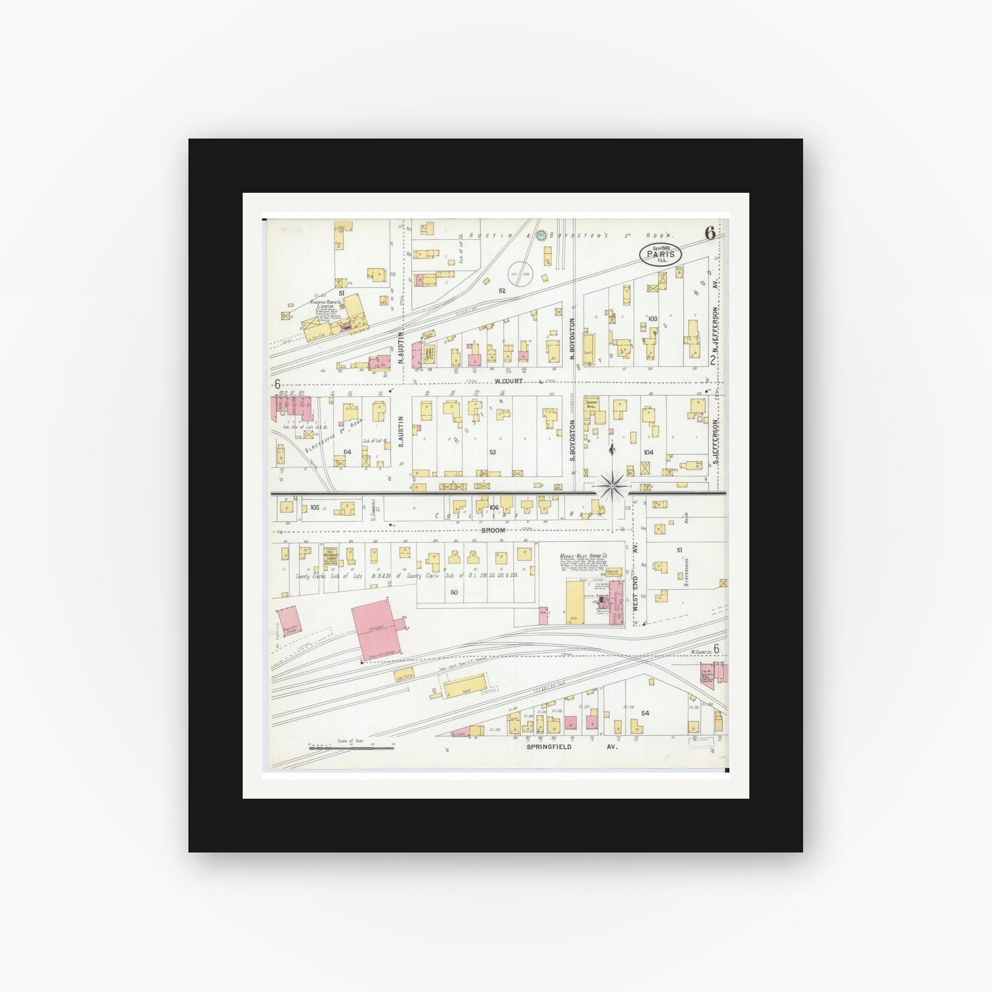 Old map wall art mockup — black gallery frame with white mat — Sanborn Fire Insurance Map from Paris, Edgar County, Illinois (1900), Sheet #0006