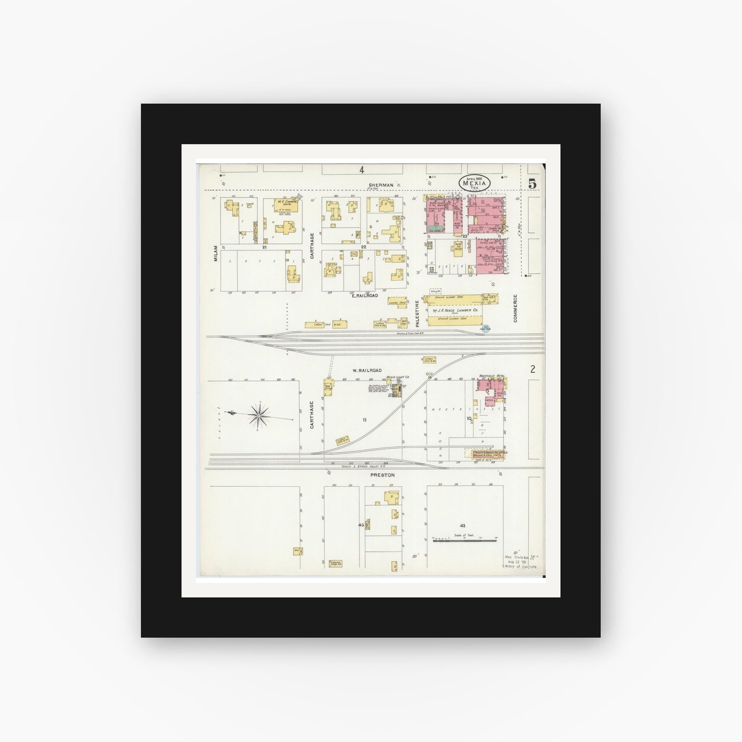 Old map wall art mockup — black gallery frame with white mat — Sanborn Fire Insurance Map from Mexia, Limestone County, Texas (1906), Sheet #0005