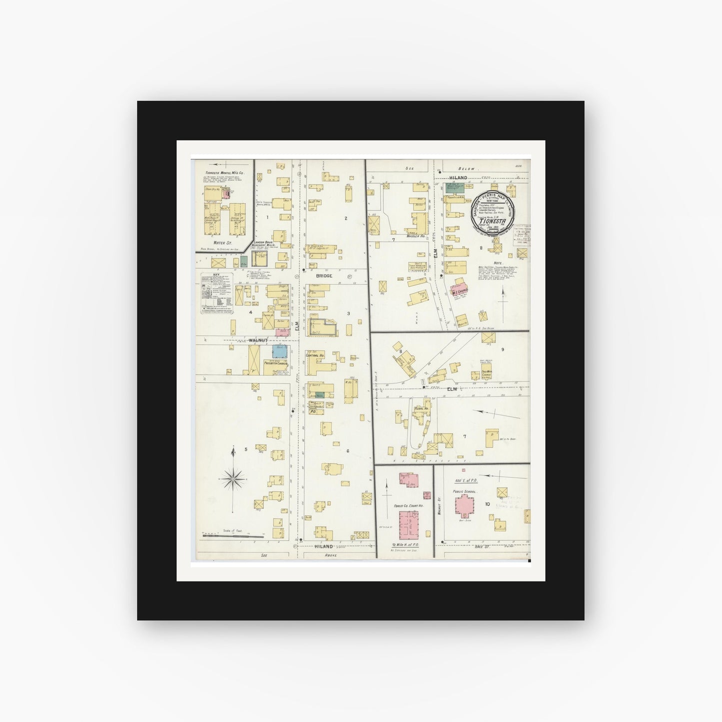 Old map wall art mockup — black gallery frame with white mat — Sanborn Fire Insurance Map from Tionesta, Forest County, Pennsylvania (1901), Sheet #0001