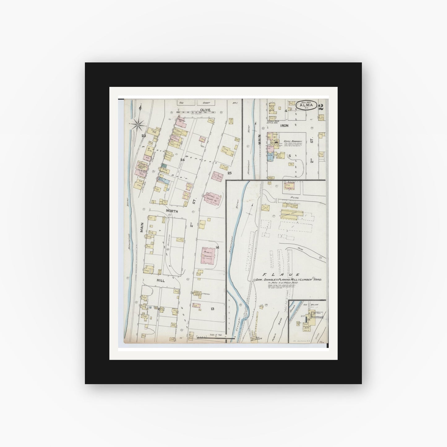 Old map wall art mockup — black gallery frame with white mat — Sanborn Fire Insurance Map from Alma, Buffalo County, Wisconsin (1889), Sheet #0002