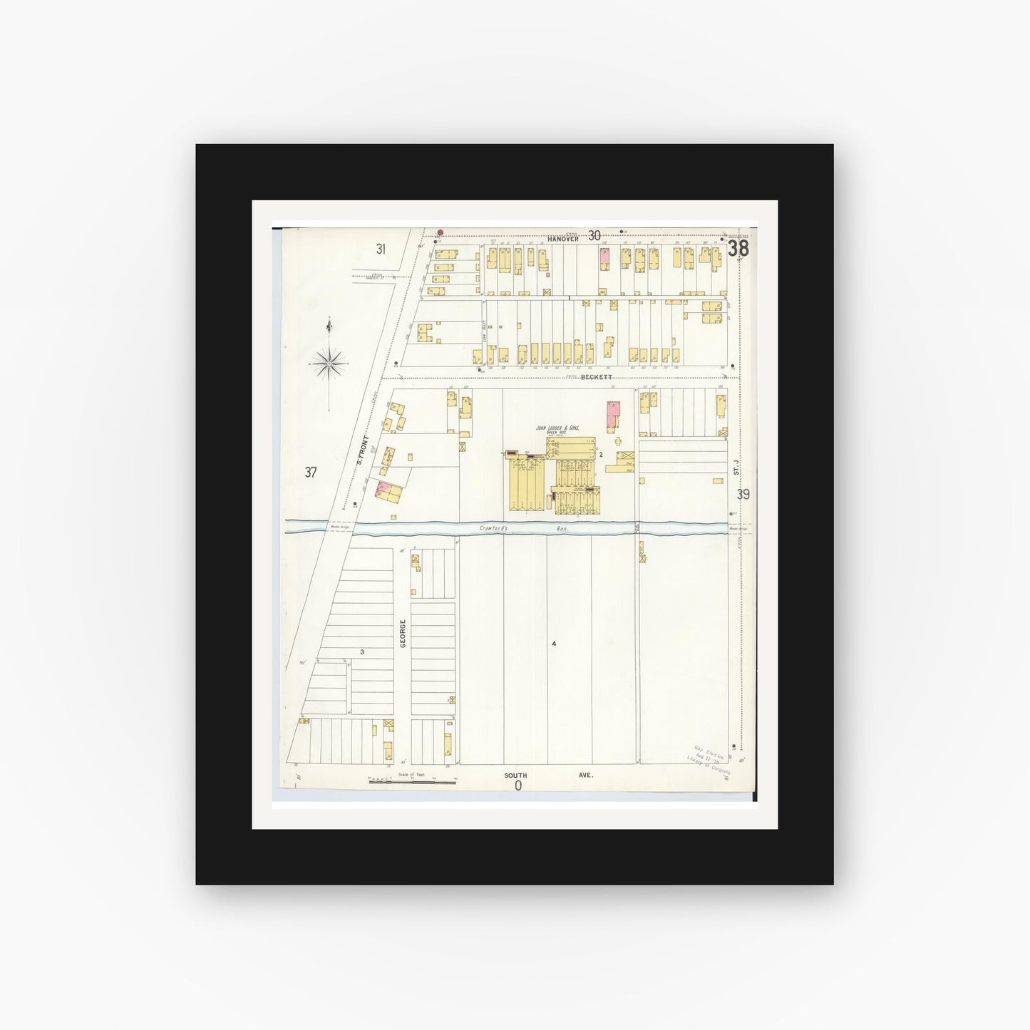 Old map wall art mockup — black gallery frame with white mat — Sanborn Fire Insurance Map from Hamilton, Butler County, Ohio (1899), Sheet #0038
