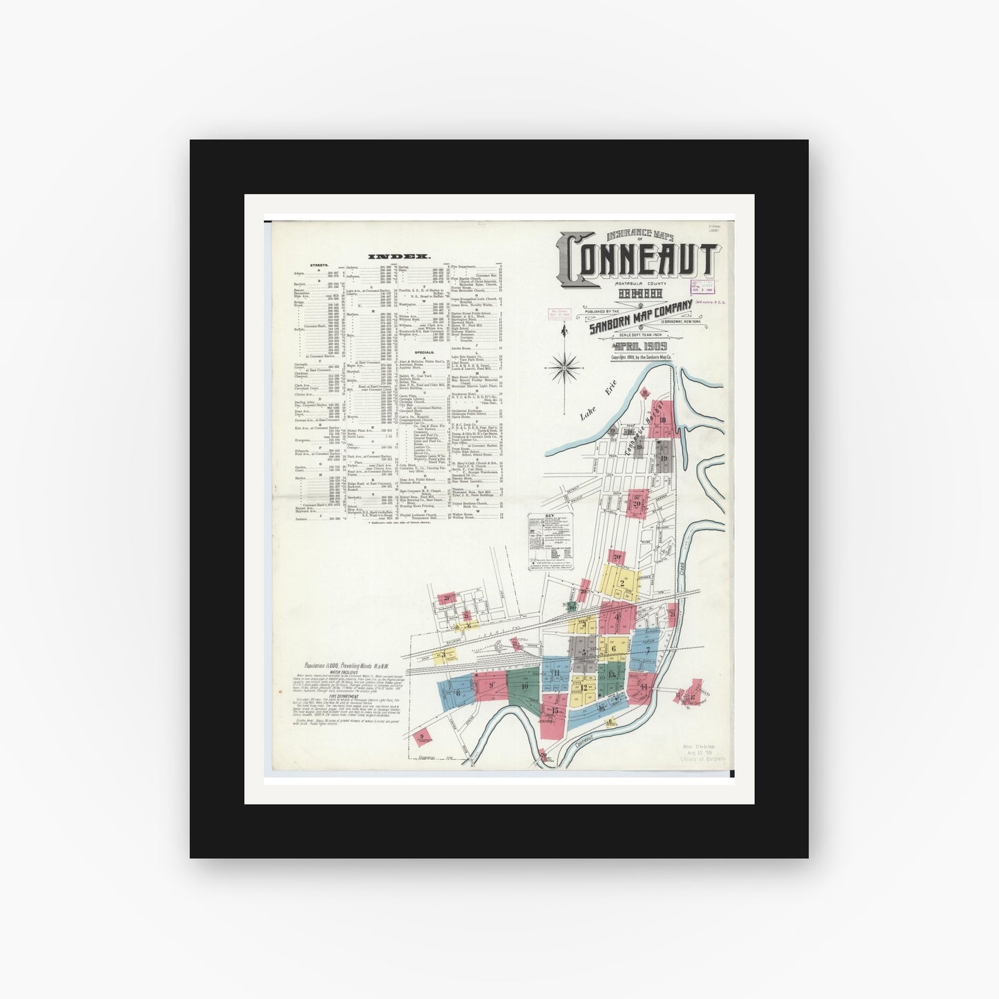 Old map wall art mockup — black gallery frame with white mat — Sanborn Fire Insurance Map from Conneaut, Ashtabula County, Ohio (1909) - Complete Map Set