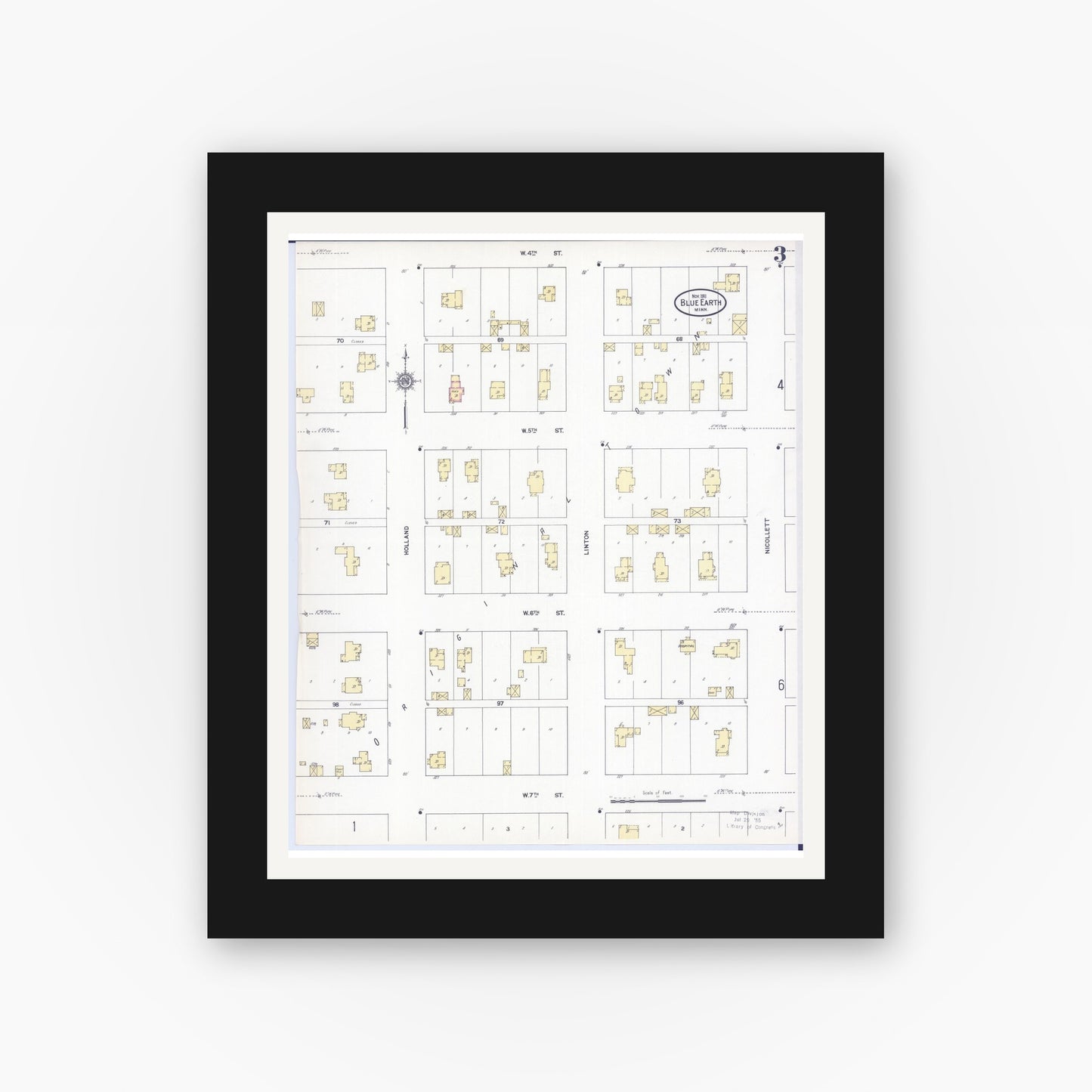 Old map wall art mockup — black gallery frame with white mat — Sanborn Fire Insurance Map from Blue Earth, Faribault County, Minnesota (1911), Sheet #0003