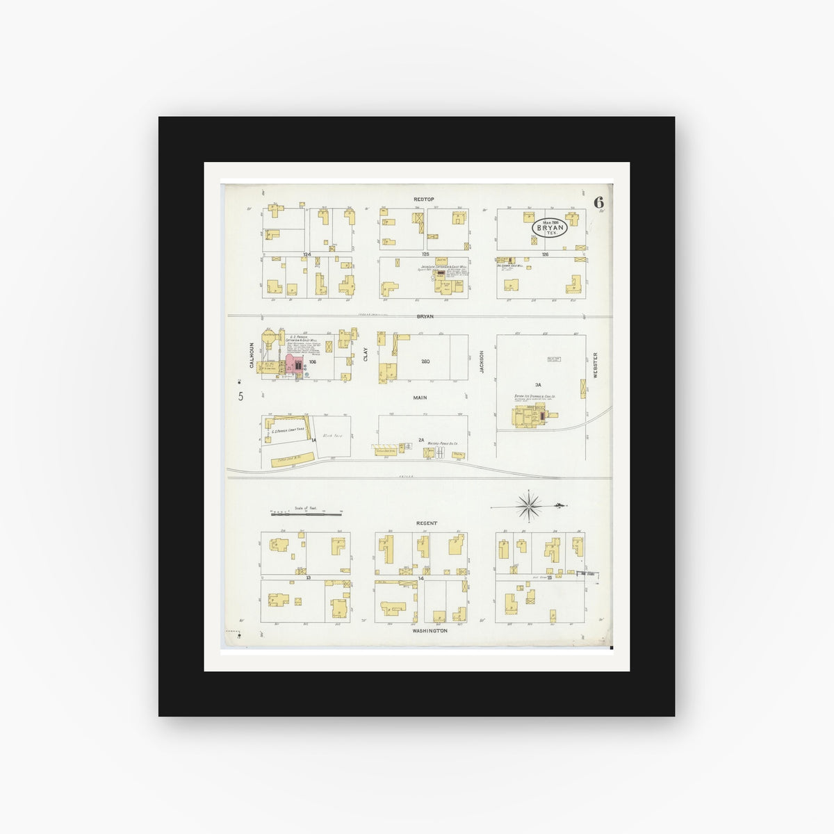 Old map wall art mockup — black gallery frame with white mat — Sanborn Fire Insurance Map from Bryan, Brazos County, Texas (1906), Sheet #0006