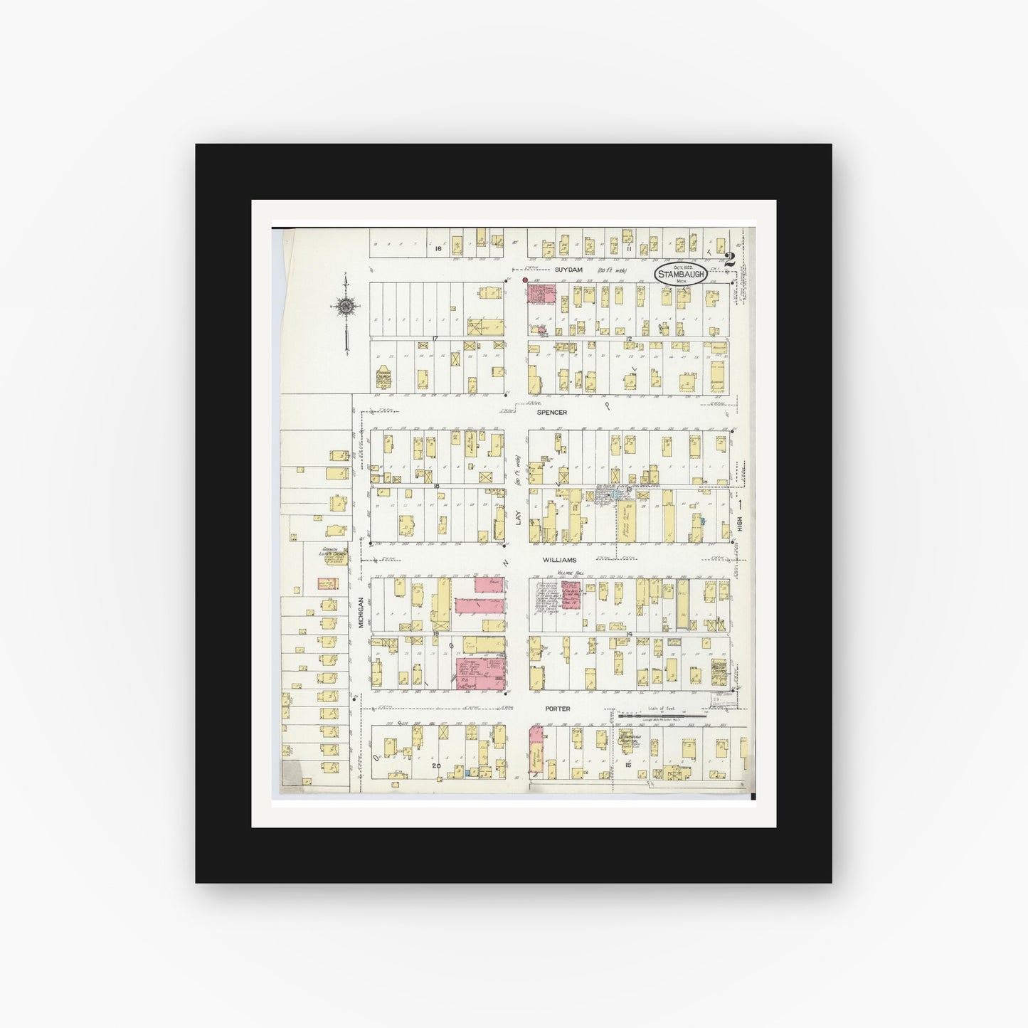Old map wall art mockup — black gallery frame with white mat — Sanborn Fire Insurance Map from Stambaugh, Iron County, Michigan (1922), Sheet #0002