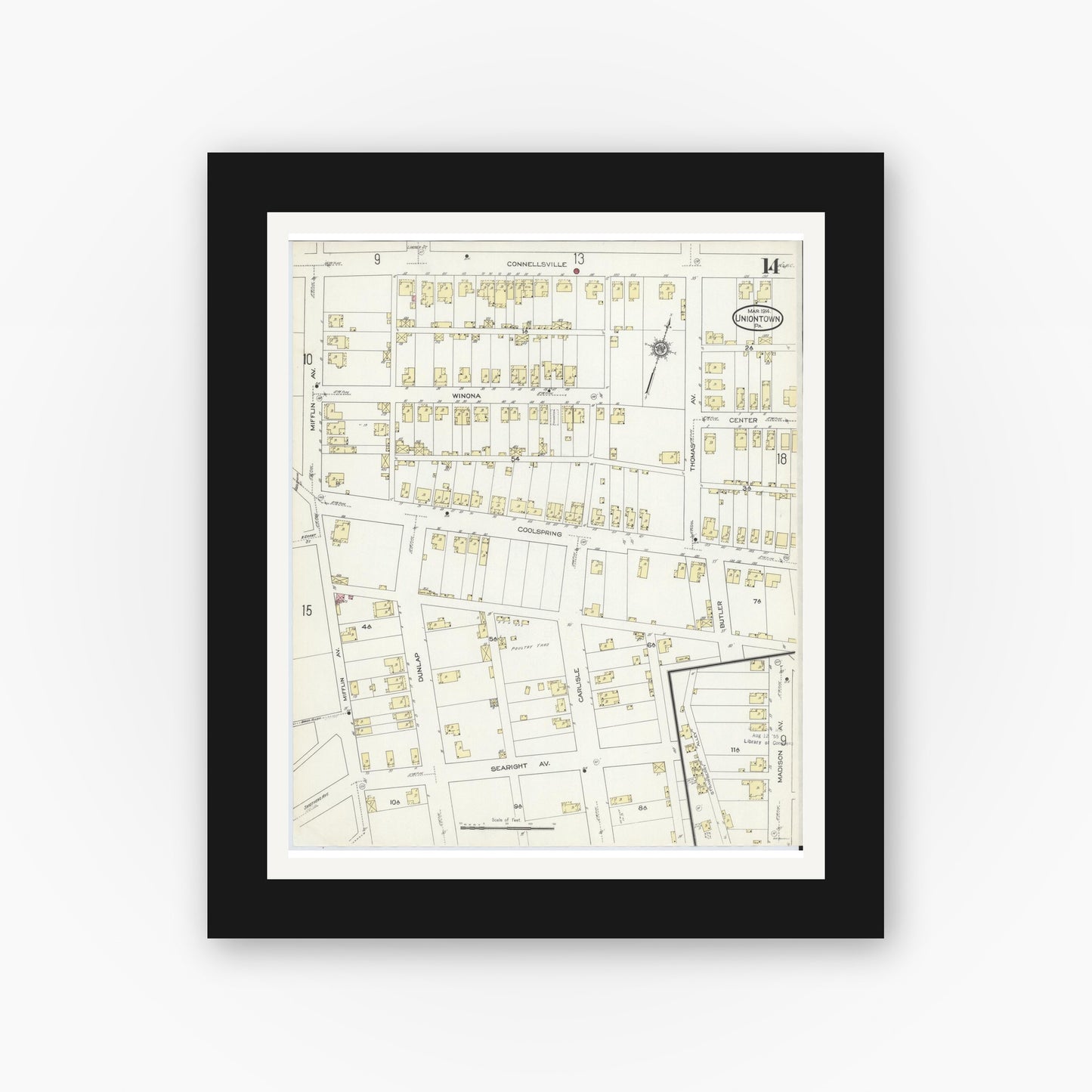 Old map wall art mockup — black gallery frame with white mat — Sanborn Fire Insurance Map from Uniontown, Fayette County, Pennsylvania (1914), Sheet #0014