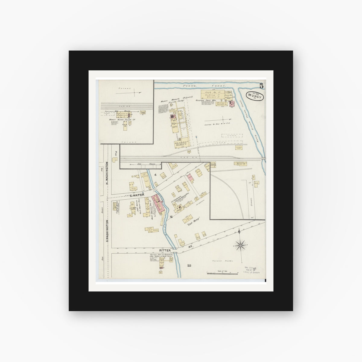 Old map wall art mockup — black gallery frame with white mat — Sanborn Fire Insurance Map from Muncy, Lycoming County, Pennsylvania (1890), Sheet #0005