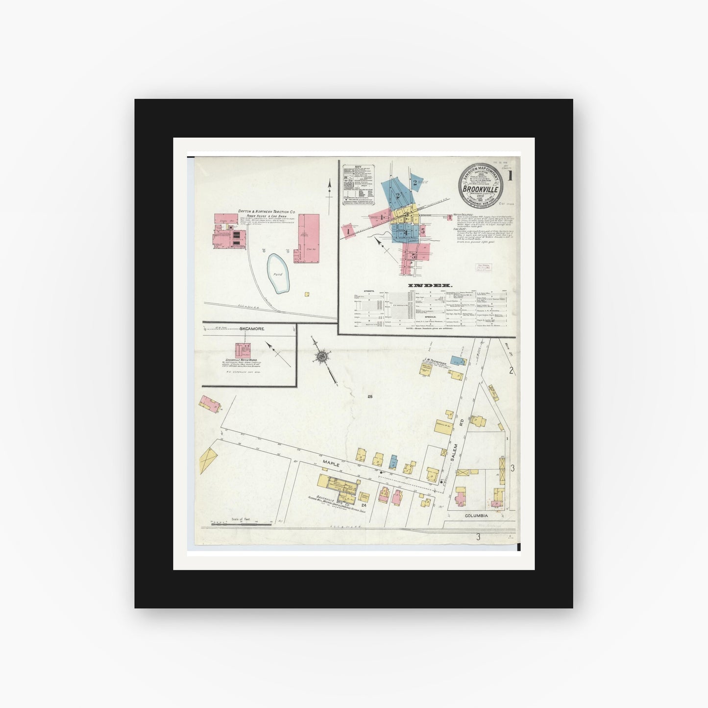Old map wall art mockup — black gallery frame with white mat — Sanborn Fire Insurance Map from Brookville, Montgomery County, Ohio (1911), Sheet #0001