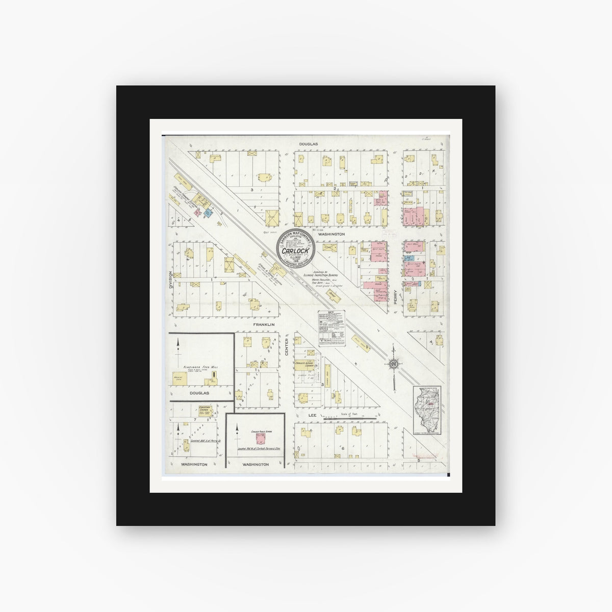 Old map wall art mockup — black gallery frame with white mat — Sanborn Fire Insurance Map from Carlock, McLean County, Illinois (1914), Sheet #0001