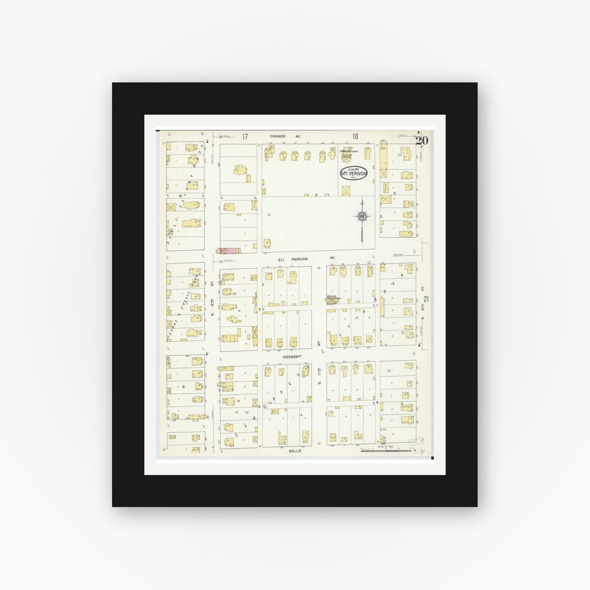 Old map wall art mockup — black gallery frame with white mat — Sanborn Fire Insurance Map from Mount Vernon, Jefferson County, Illinois (1913), Sheet #0020