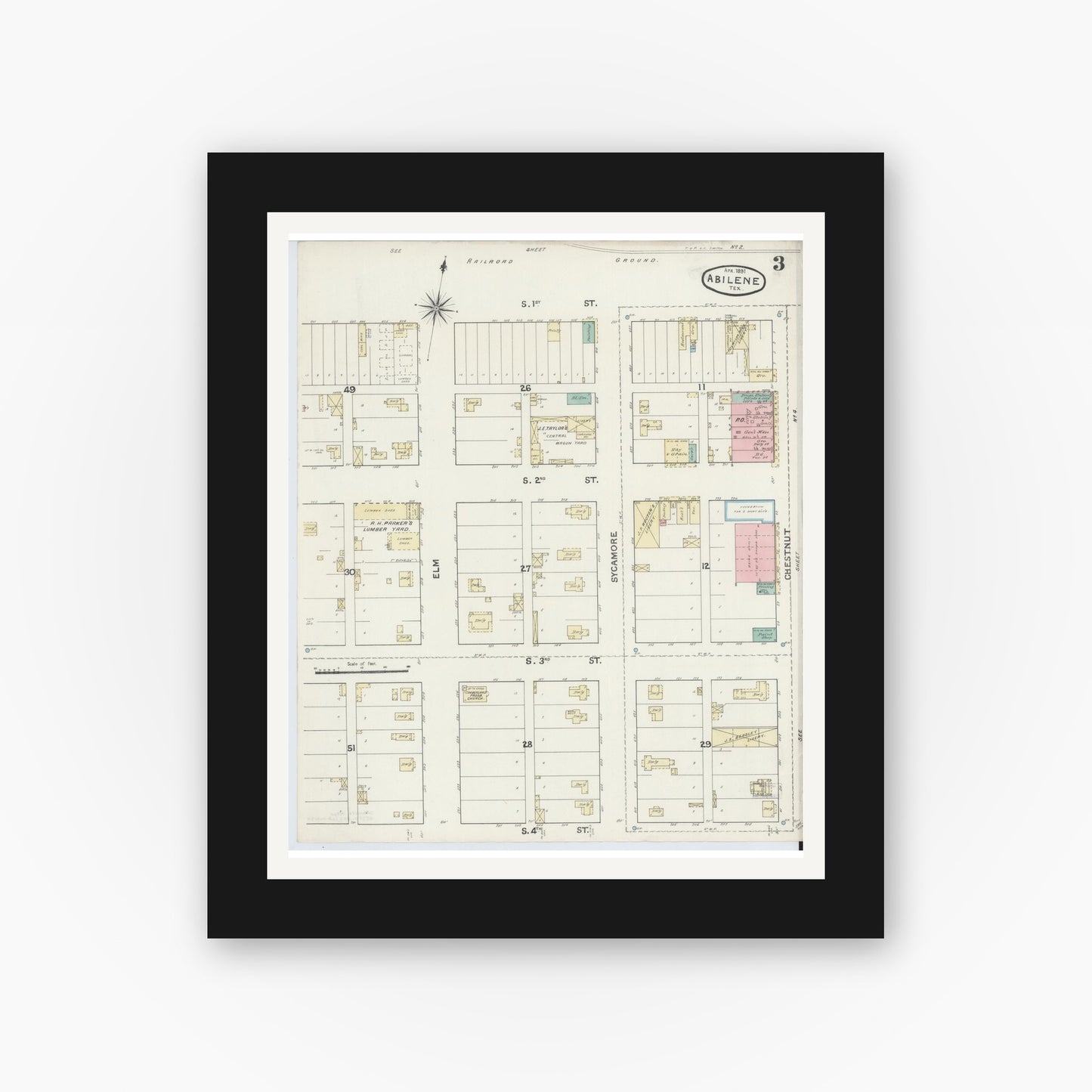 Old map wall art mockup — black gallery frame with white mat — Sanborn Fire Insurance Map from Abilene, Taylor County, Texas (1891), Sheet #0003