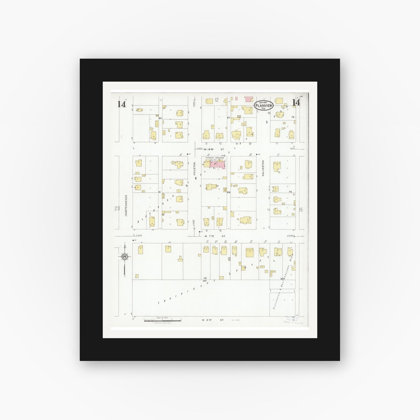 Old map wall art mockup — black gallery frame with white mat — Sanborn Fire Insurance Map from Plainview, Hale County, Texas (1927), Sheet #0014