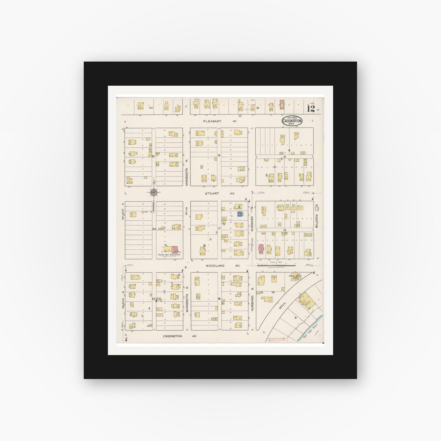 Old map wall art mockup — black gallery frame with white mat — Sanborn Fire Insurance Map from Crookston, Polk County, Minnesota (1922), Sheet #0012