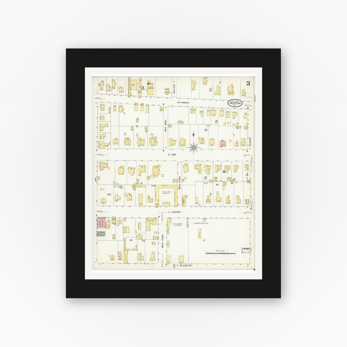 Old map wall art mockup — black gallery frame with white mat — Sanborn Fire Insurance Map from Denton, Denton County, Texas (1907), Sheet #0003