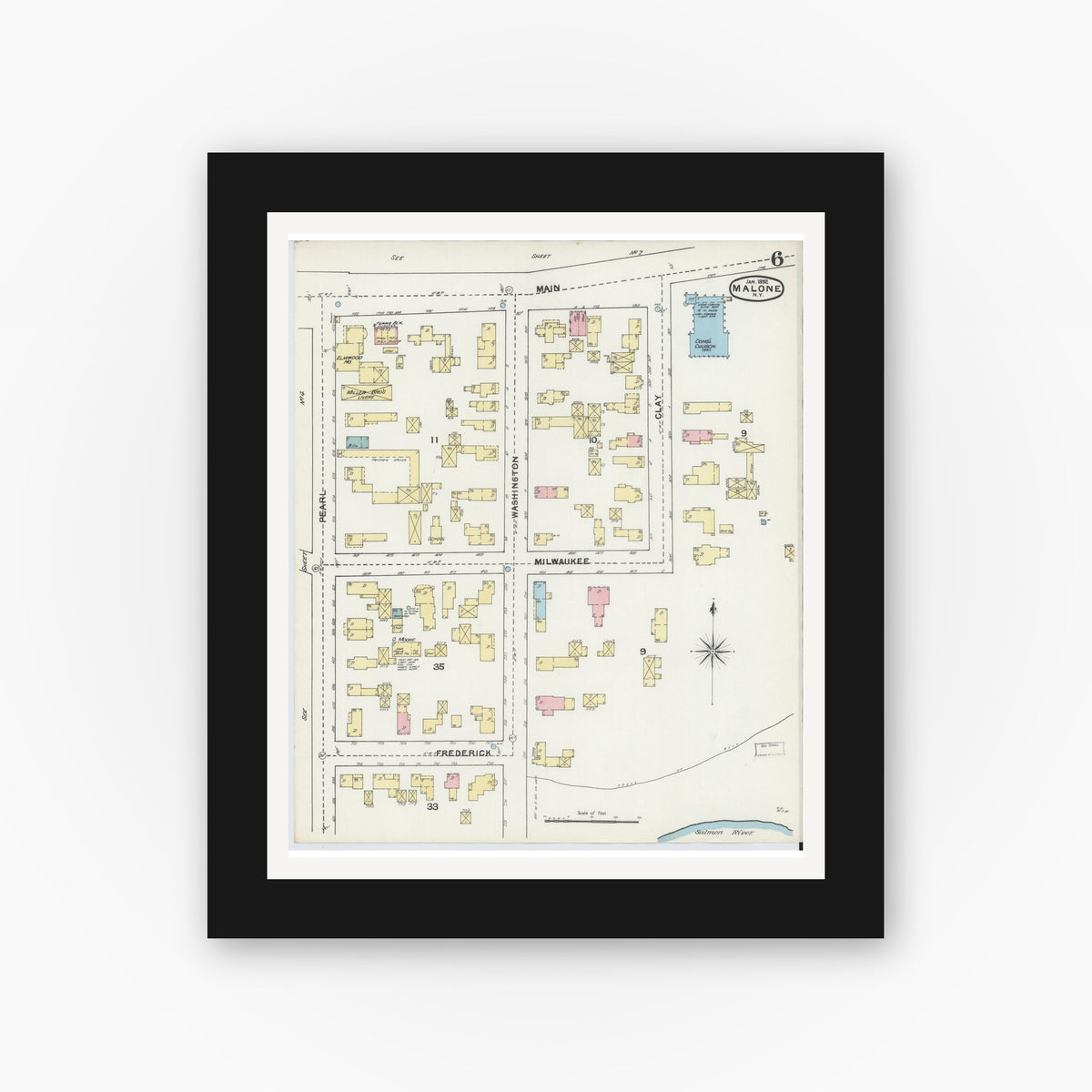 Old map wall art mockup — black gallery frame with white mat — Sanborn Fire Insurance Map from Malone, Franklin County, New York (1892), Sheet #0006