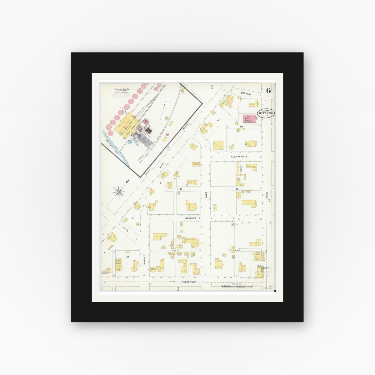 Old map wall art mockup — black gallery frame with white mat — Sanborn Fire Insurance Map from Jefferson, Marion County, Texas (1906), Sheet #0006