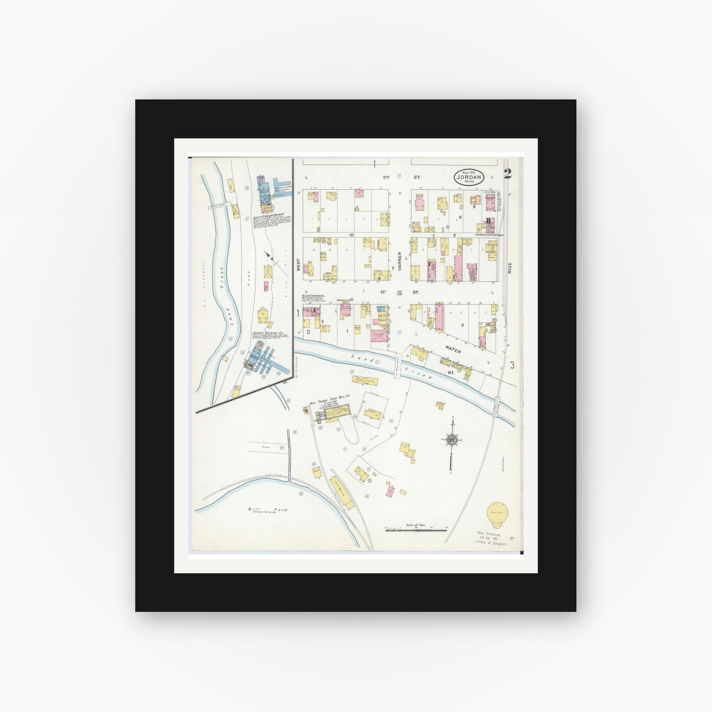 Old map wall art mockup — black gallery frame with white mat — Sanborn Fire Insurance Map from Jordan, Scott County, Minnesota (1910), Sheet #0002