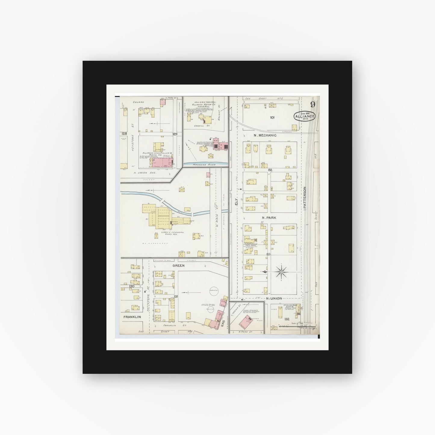 Old map wall art mockup — black gallery frame with white mat — Sanborn Fire Insurance Map from Alliance, Stark County, Ohio (1892), Sheet #0009