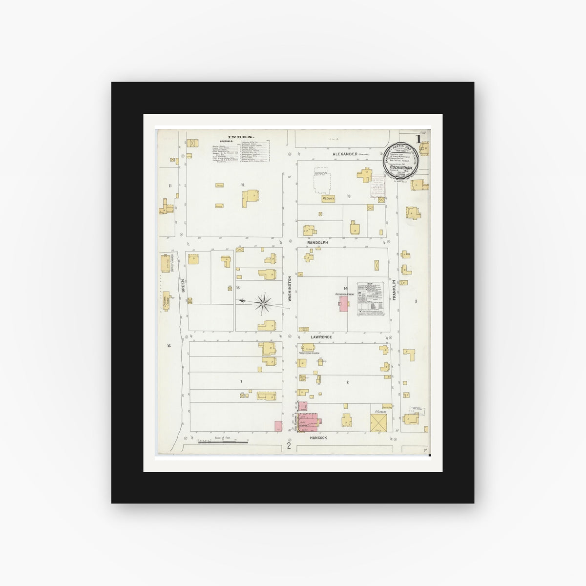 Old map wall art mockup — black gallery frame with white mat — Sanborn Fire Insurance Map from Rockingham, Richmond County, North Carolina (1900), Sheet #0001