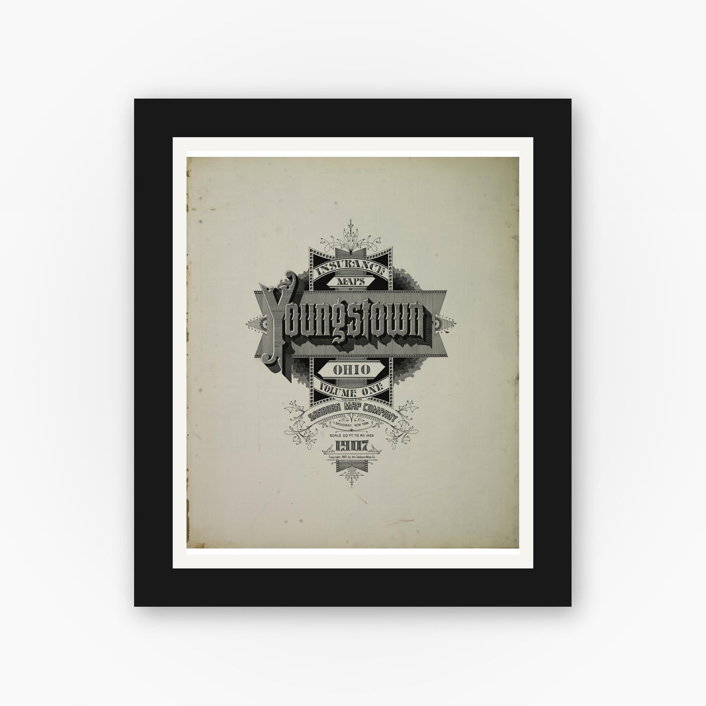 Old map wall art mockup — black gallery frame with white mat — Sanborn Fire Insurance Map from Youngstown, Mahoning County, Ohio (1907), Sheet #0001