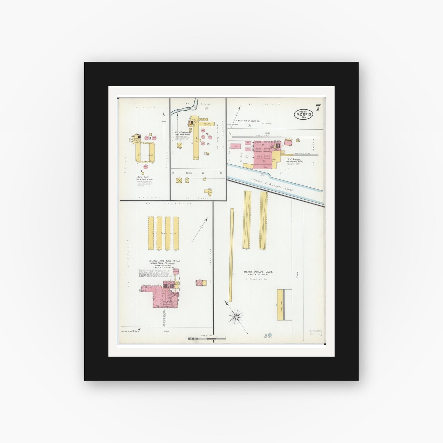 Old map wall art mockup — black gallery frame with white mat — Sanborn Fire Insurance Map from Morris, Grundy County, Illinois (1900), Sheet #0007