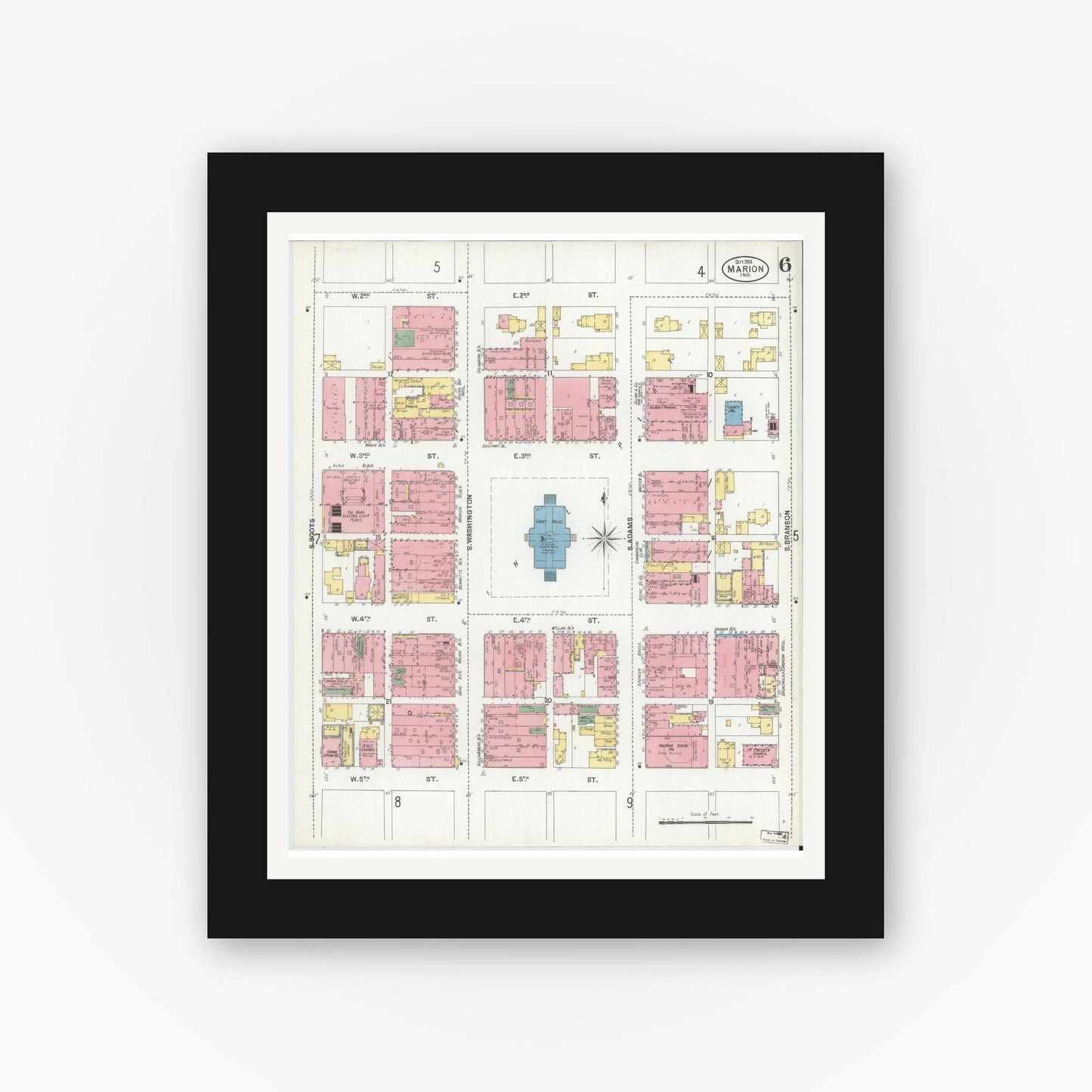 Old map wall art mockup — black gallery frame with white mat — Sanborn Fire Insurance Map from Marion, Grant County, Indiana (1901), Sheet #0006