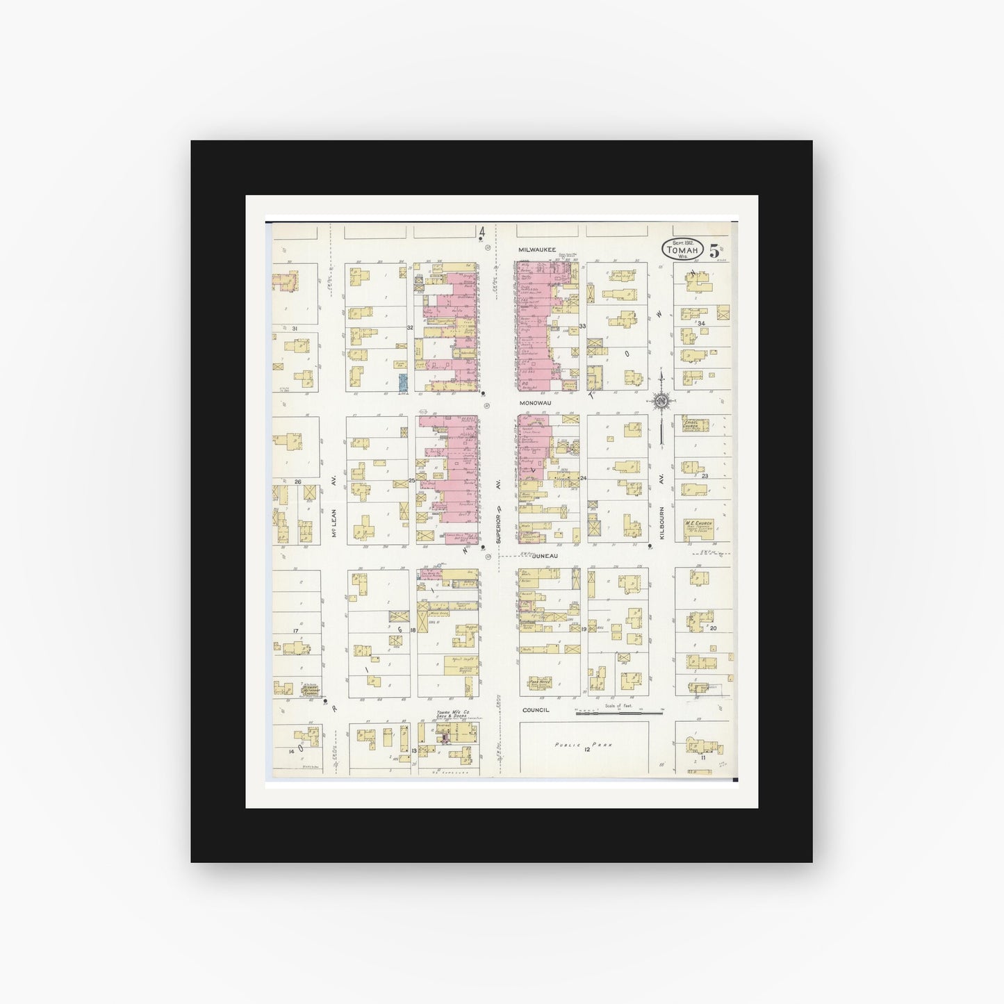 Old map wall art mockup — black gallery frame with white mat — Sanborn Fire Insurance Map from Tomah, Monroe County, Wisconsin (1912), Sheet #0005