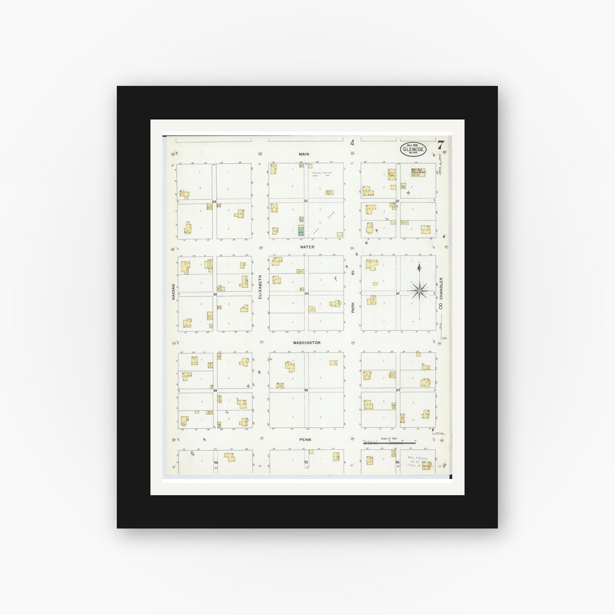 Old map wall art mockup — black gallery frame with white mat — Sanborn Fire Insurance Map from Glencoe, Mcleod County, Minnesota (1908), Sheet #0007