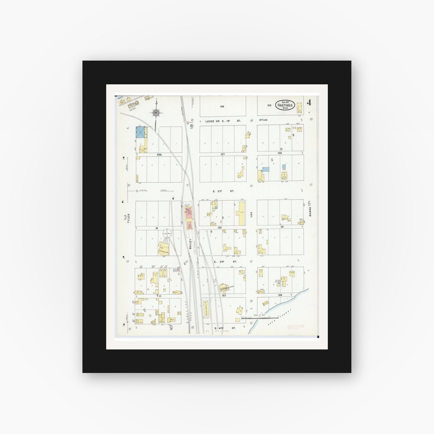 Old map wall art mockup — black gallery frame with white mat — Sanborn Fire Insurance Map from Hastings, Dakota County, Minnesota (1910), Sheet #0004