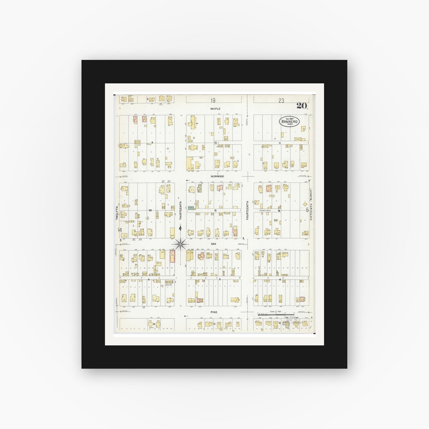 Old map wall art mockup — black gallery frame with white mat — Sanborn Fire Insurance Map from Brainerd, Crow Wing County, Minnesota (1907), Sheet #0020