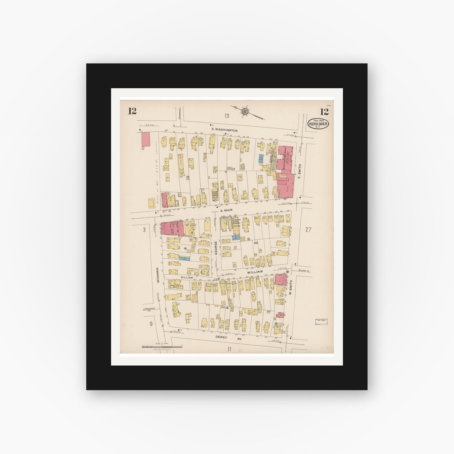 Old map wall art mockup — black gallery frame with white mat — Sanborn Fire Insurance Map from Herkimer, Herkimer County, New York (1923), Sheet #0012