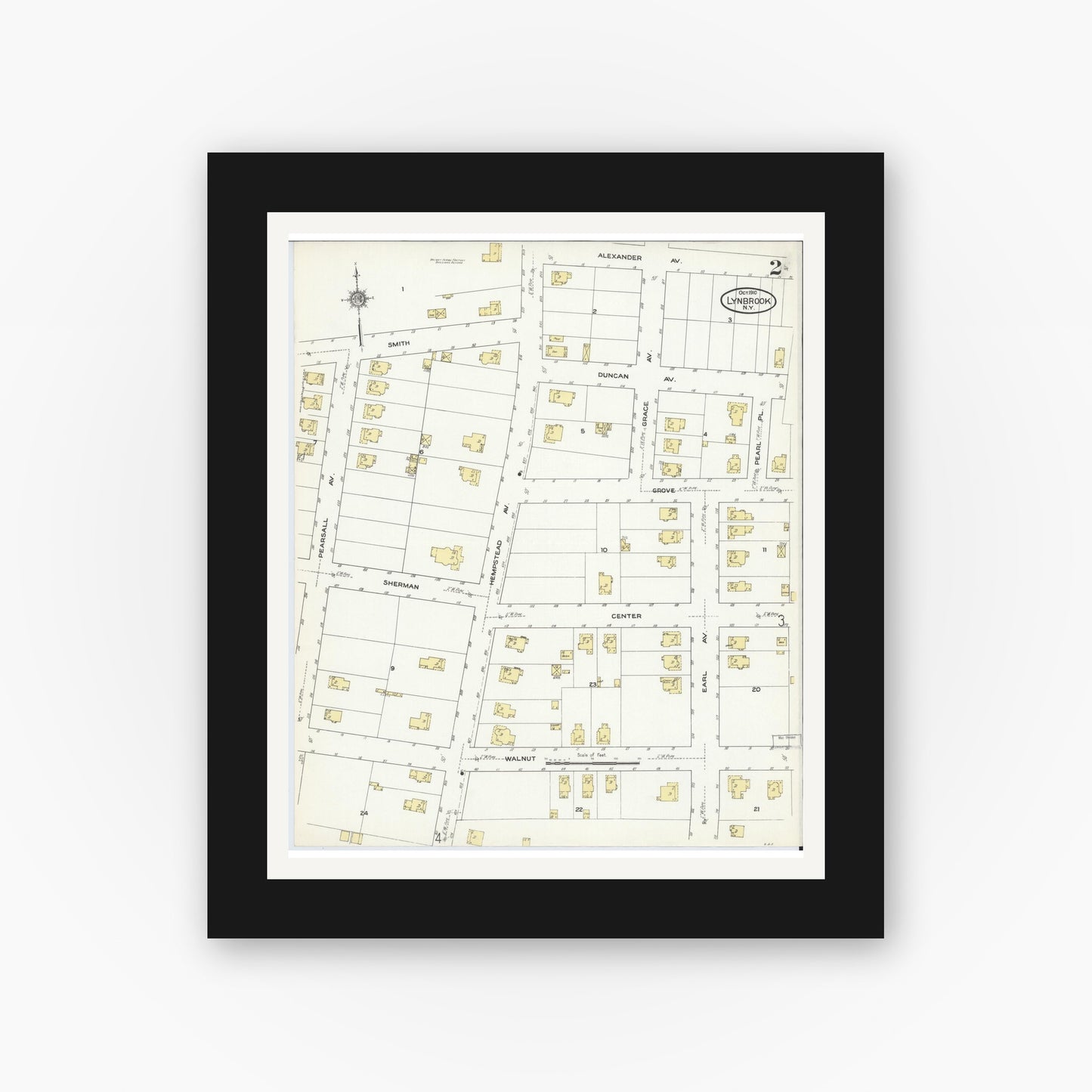 Old map wall art mockup — black gallery frame with white mat — Sanborn Fire Insurance Map from Lynbrook, Nassau County, New York (1910), Sheet #0002