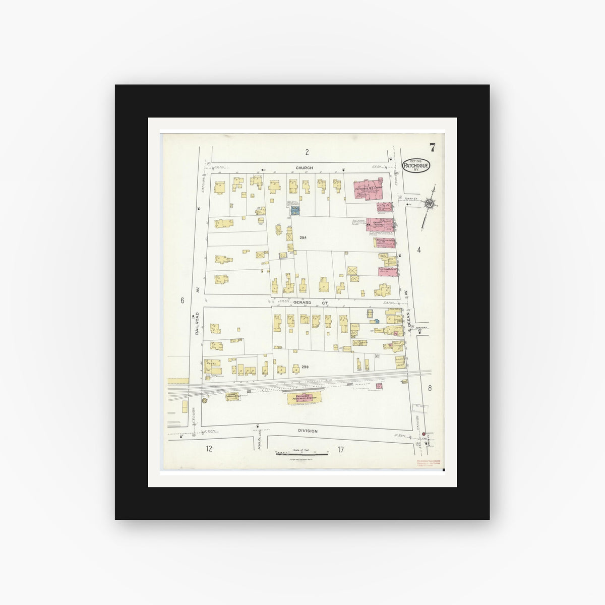 Old map wall art mockup — black gallery frame with white mat — Sanborn Fire Insurance Map from Patchogue, Suffolk County, New York (1916), Sheet #0007