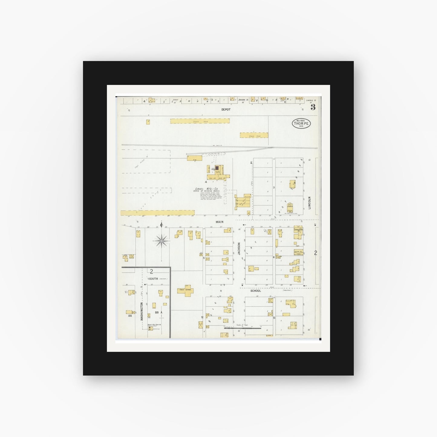 Old map wall art mockup — black gallery frame with white mat — Sanborn Fire Insurance Map from Thorpe, Clark County, Wisconsin (1900), Sheet #0003