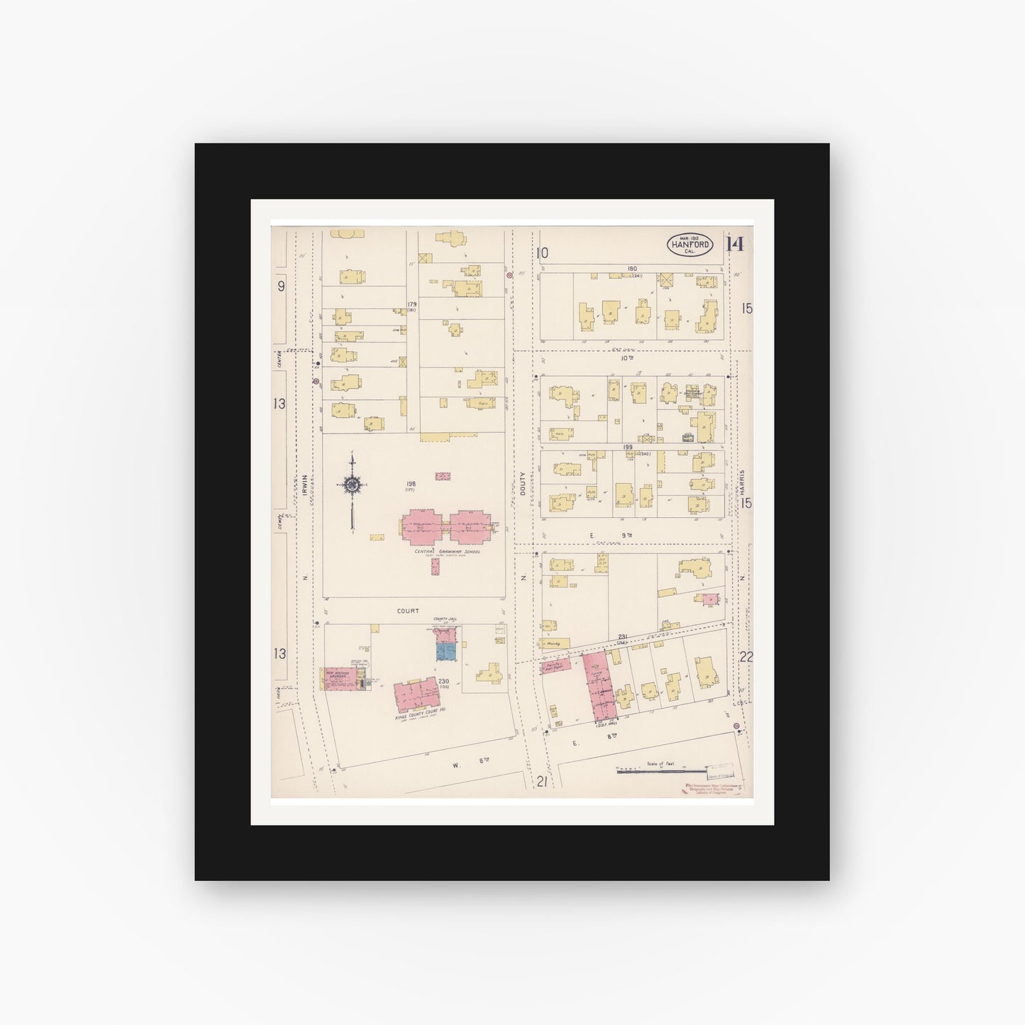 Old map wall art mockup — black gallery frame with white mat — Sanborn Fire Insurance Map from Hanford, Kings County, California (1913), Sheet #0014
