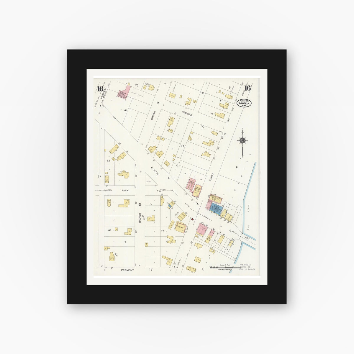 Old map wall art mockup — black gallery frame with white mat — Sanborn Fire Insurance Map from Anoka, Anoka County, Minnesota (1925), Sheet #0016