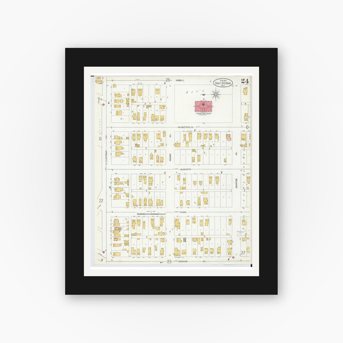 Old map wall art mockup — black gallery frame with white mat — Sanborn Fire Insurance Map from Sault Sainte Marie, Chippewa County, Michigan (1906), Sheet #0024