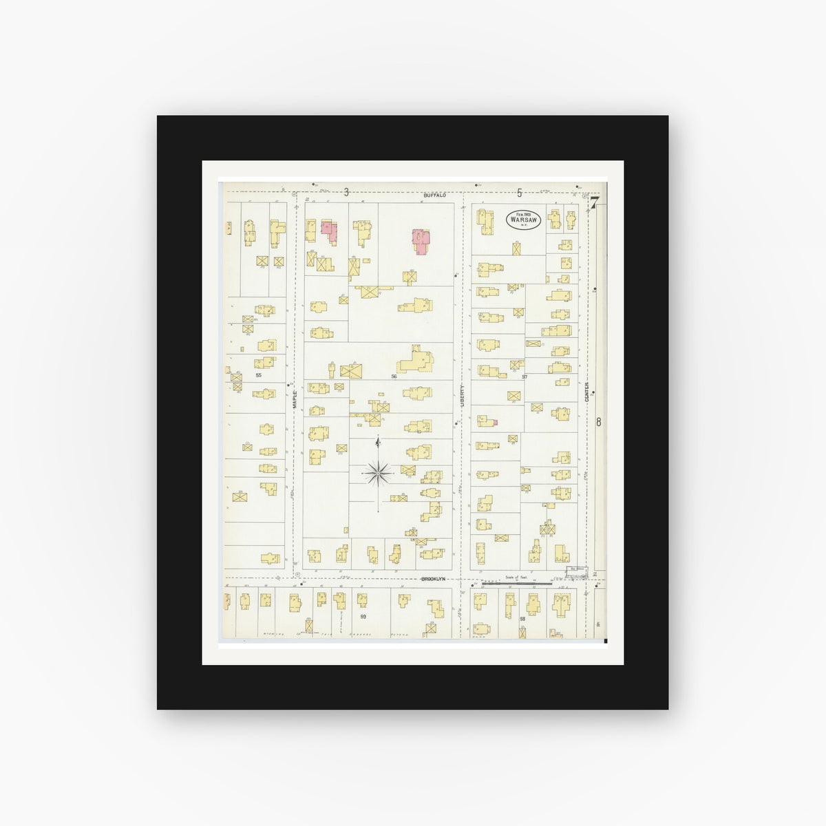 Old map wall art mockup — black gallery frame with white mat — Sanborn Fire Insurance Map from Warsaw, Wyoming County, New York (1903), Sheet #0007